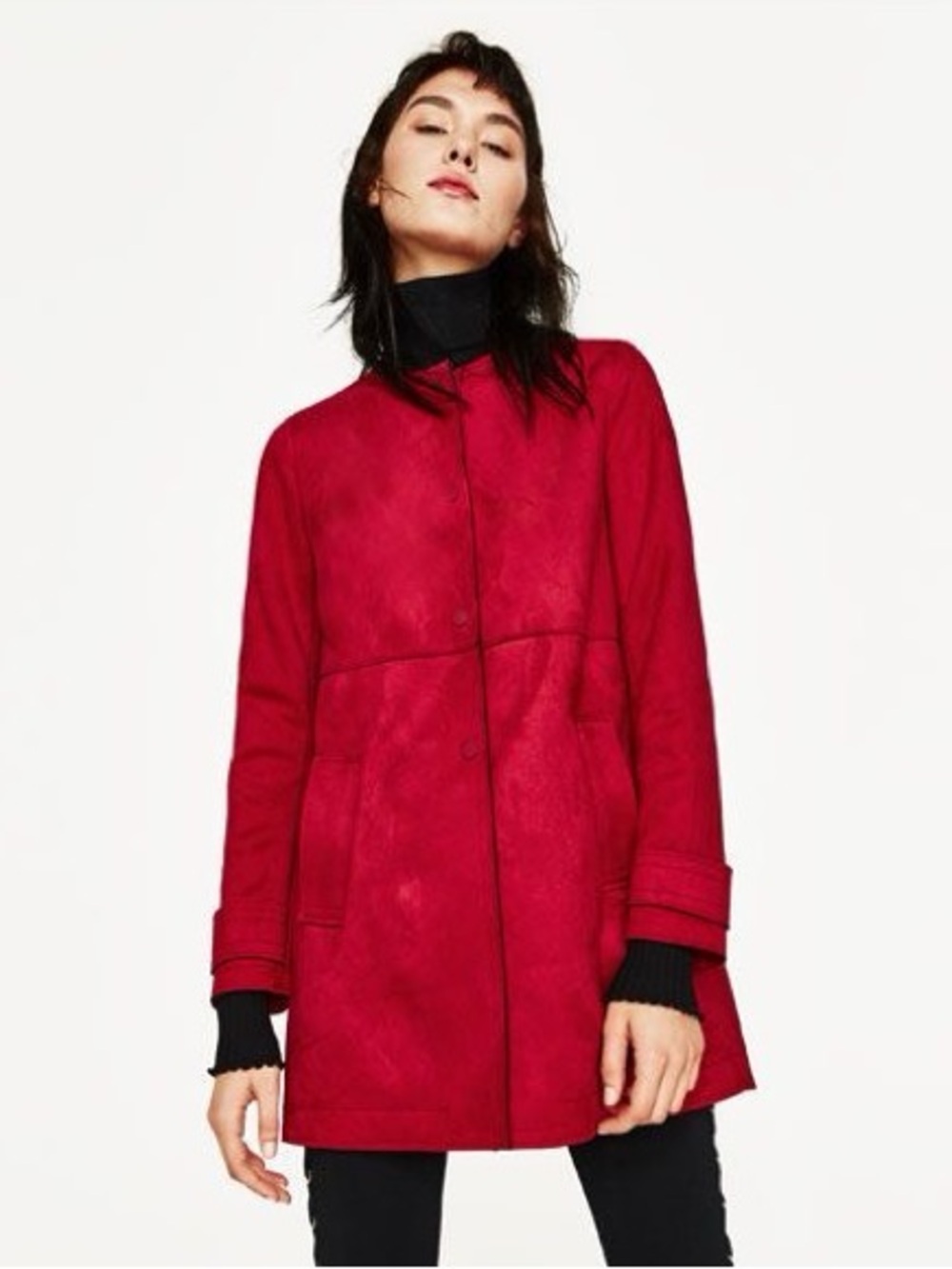 NWT Zara Ruby Red Vegan Faux Suede Long Coat